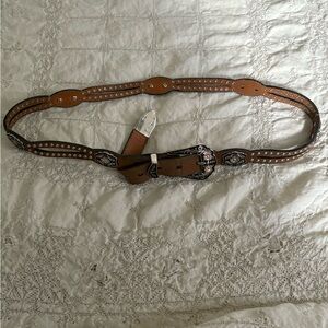 Brown Western-Style Belt with Silver Accents MISSING ONE Sliver piece 38